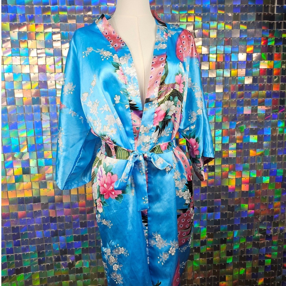 Blue Peacock Floral Kimono Robe Women's‎ Silky Lightweight Tie Waist